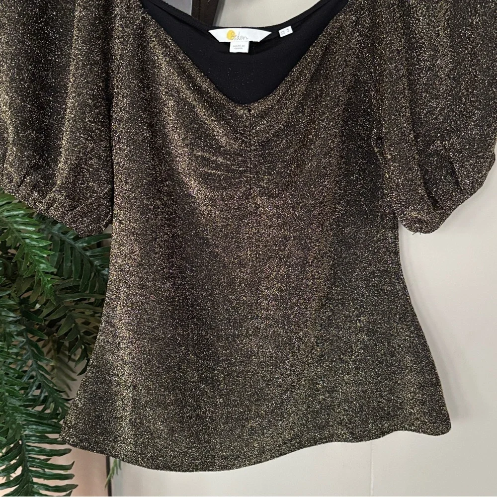 Boden Black Gold Metallic Sparkle Jersey Top Short Puff Sleeves Fitted Blouse